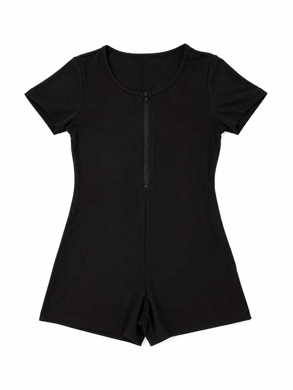 Women’s Black Ribbed Zip Front Romper Short Sleeve Fitted Bodysuit XS